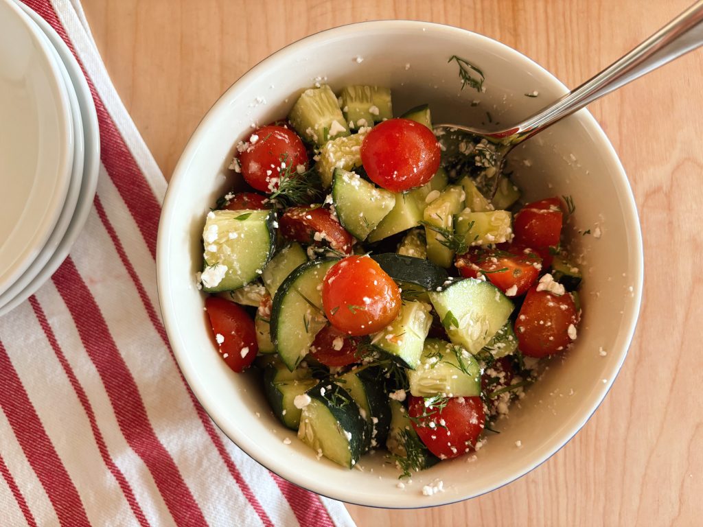 cucumber tomato feta salad in bowl