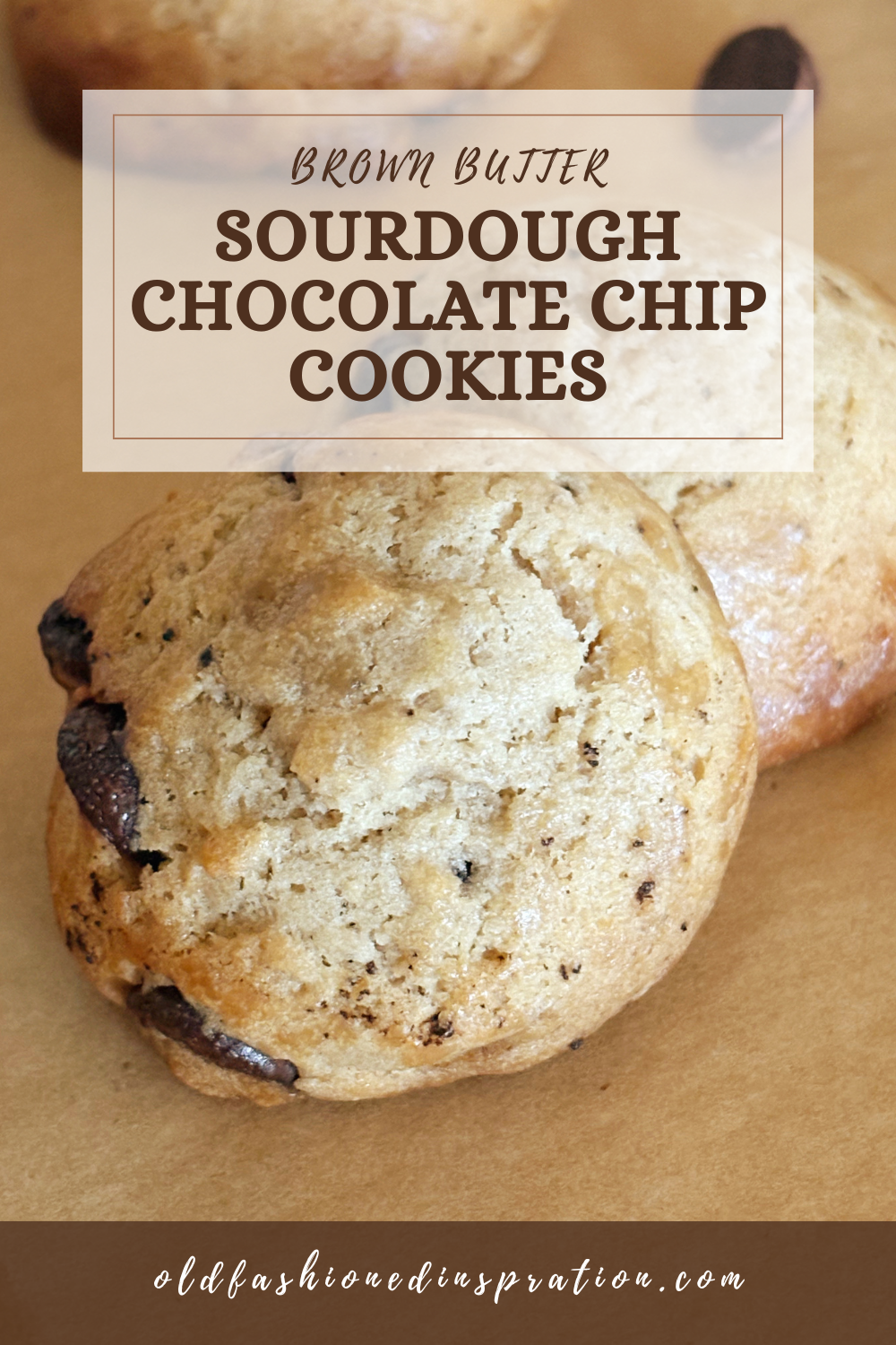 brown butter sourdough chocolate chip cookies on parchment paper