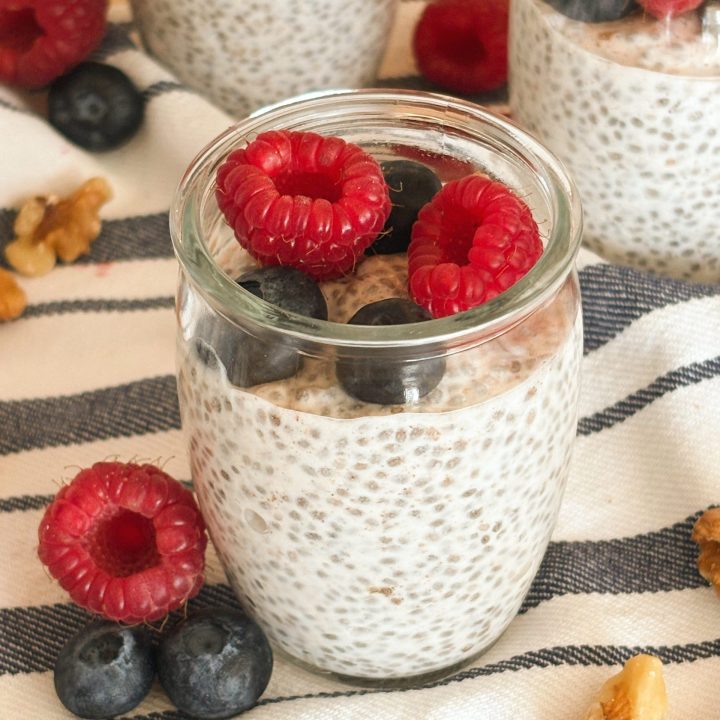 chia seed pudding with coconut milk and blueberries and raspberries