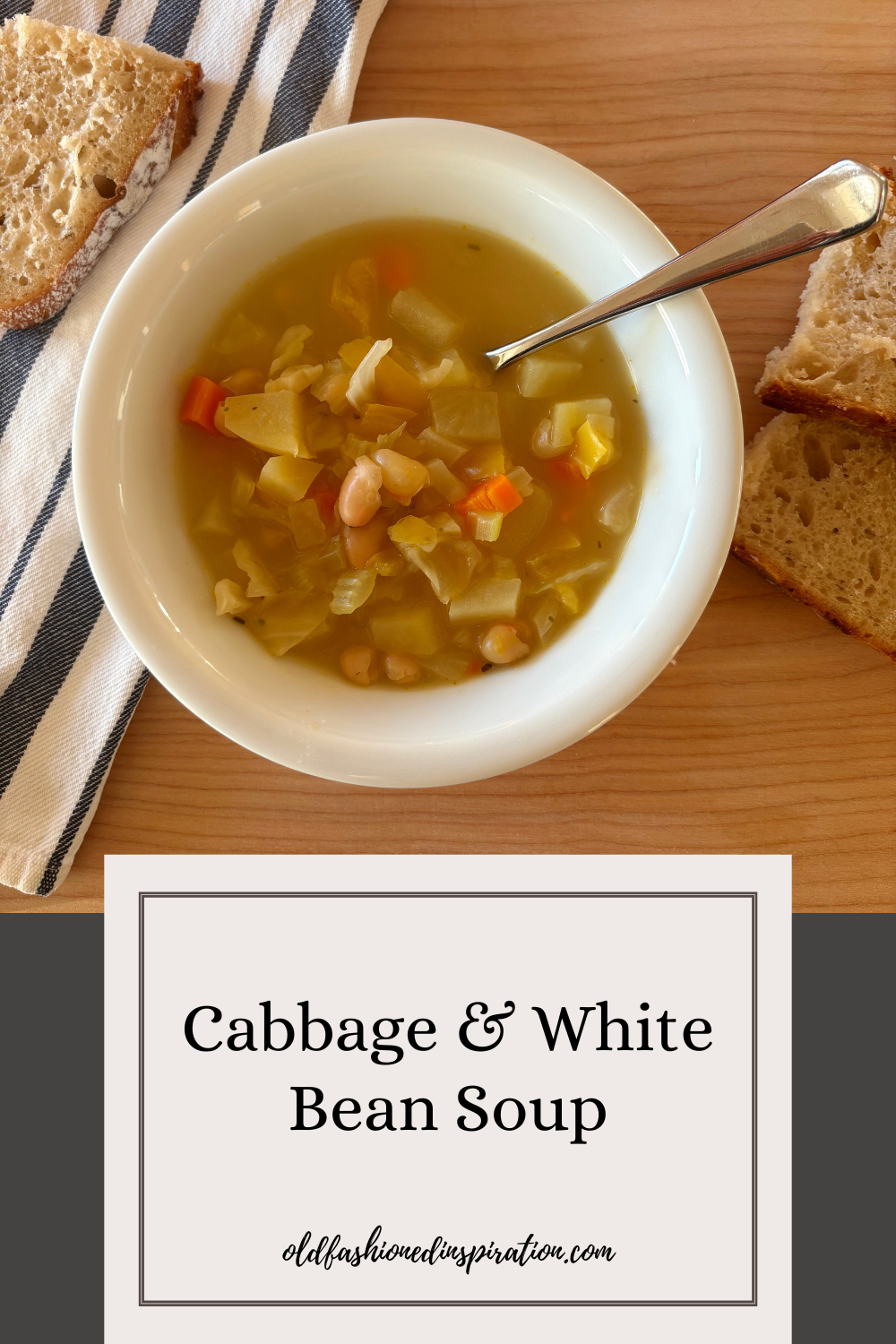 cabbage and white bean soup in a bowl with sourdough bread