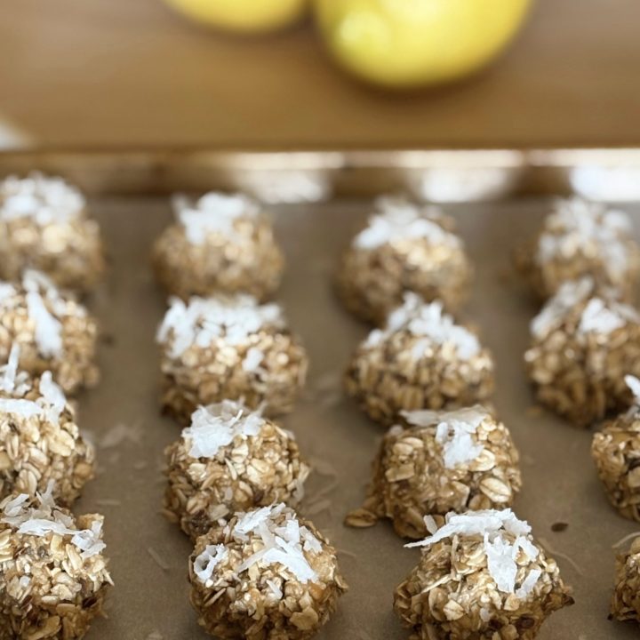 lemon oatmeal no bake cookies on a baking tray